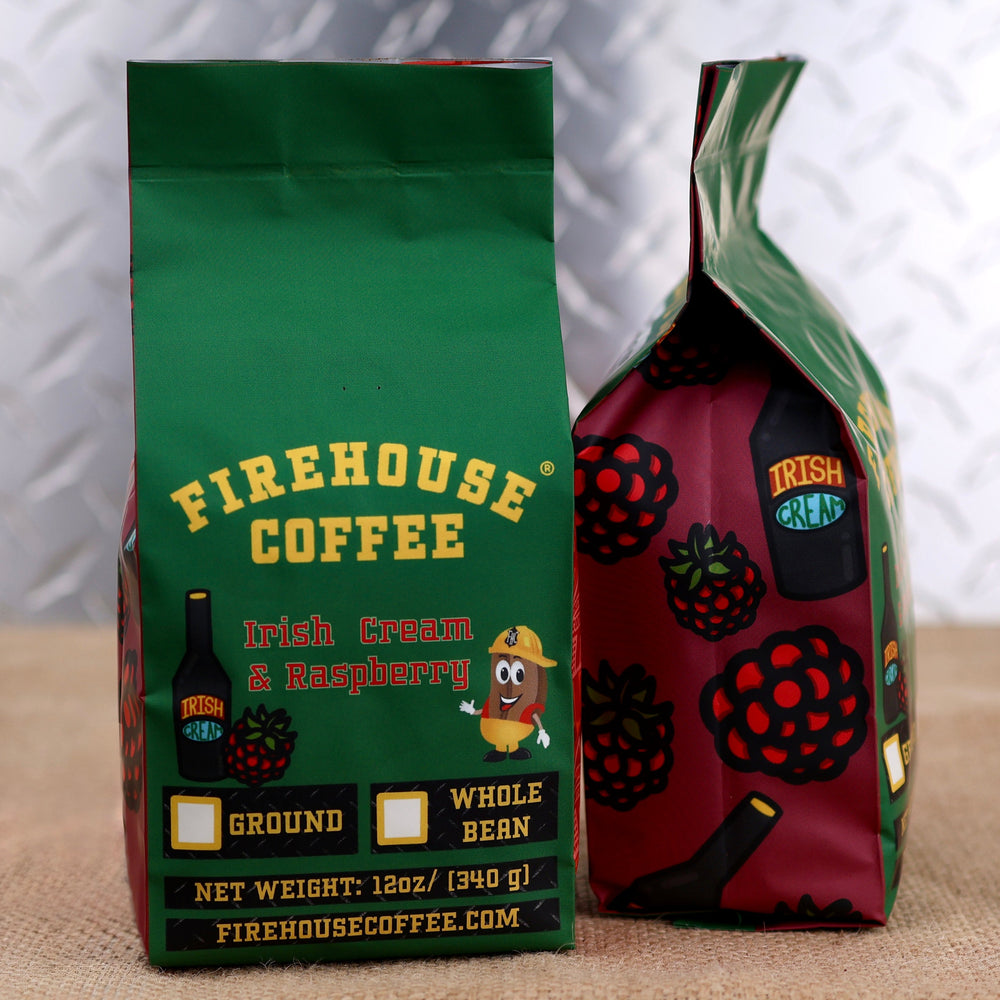 Firehouse Coffee Irish Cream & Raspberry flavored coffee – premium flavored coffee with smooth Irish cream and sweet raspberry notes, available in whole bean or ground coffee in a 12 oz bag.