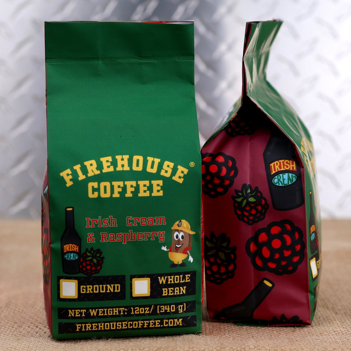 Firehouse Coffee Irish Cream & Raspberry flavored coffee – premium flavored coffee with smooth Irish cream and sweet raspberry notes, available in whole bean or ground coffee in a 12 oz bag.