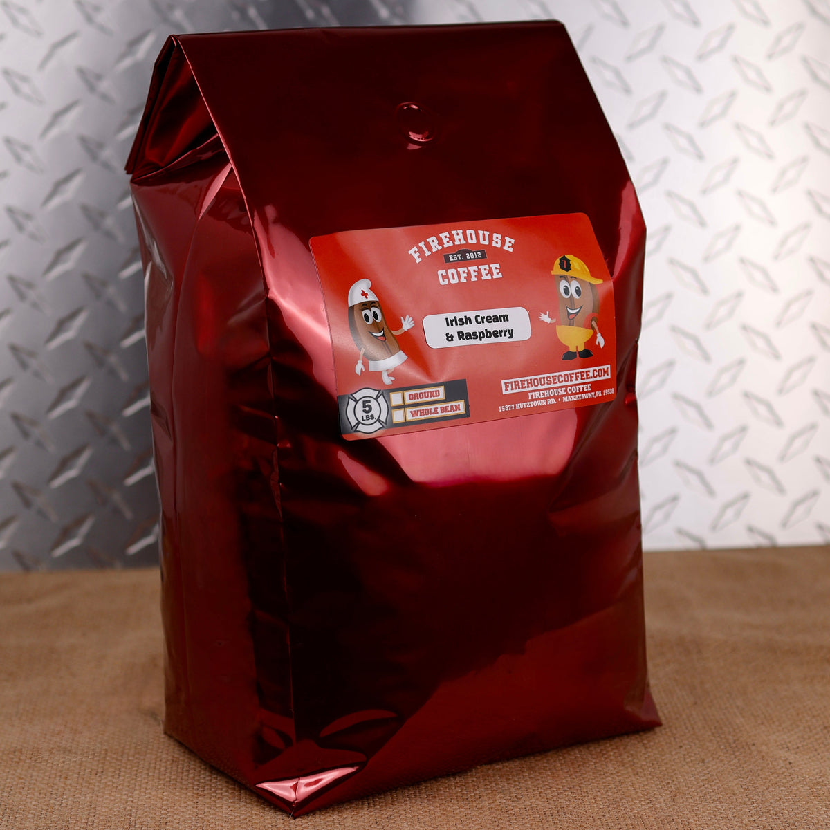 Firehouse Coffee Irish Cream & Raspberry Flavored Coffee 5 lb bag – freshly roasted gourmet coffee with creamy Irish cream and vibrant raspberry flavors. Available in whole bean or ground, this premium flavored coffee delivers a smooth, rich, and fruity coffee experience for home, office, cafés, and coffee lovers.
