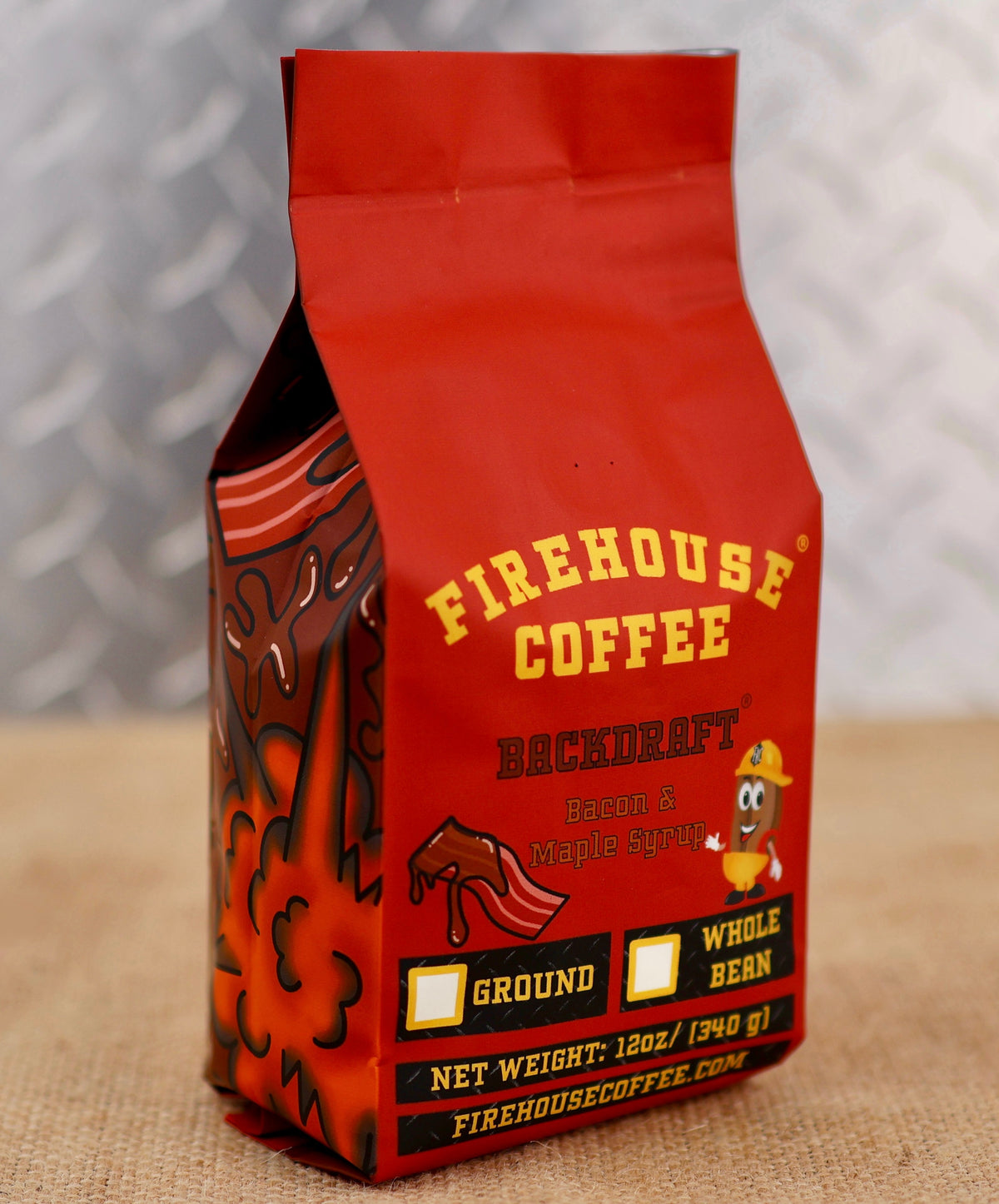 Backdraft® Maple Bacon Flavored Coffee by Firehouse Coffee with sweet maple syrup and smoky bacon flavors.