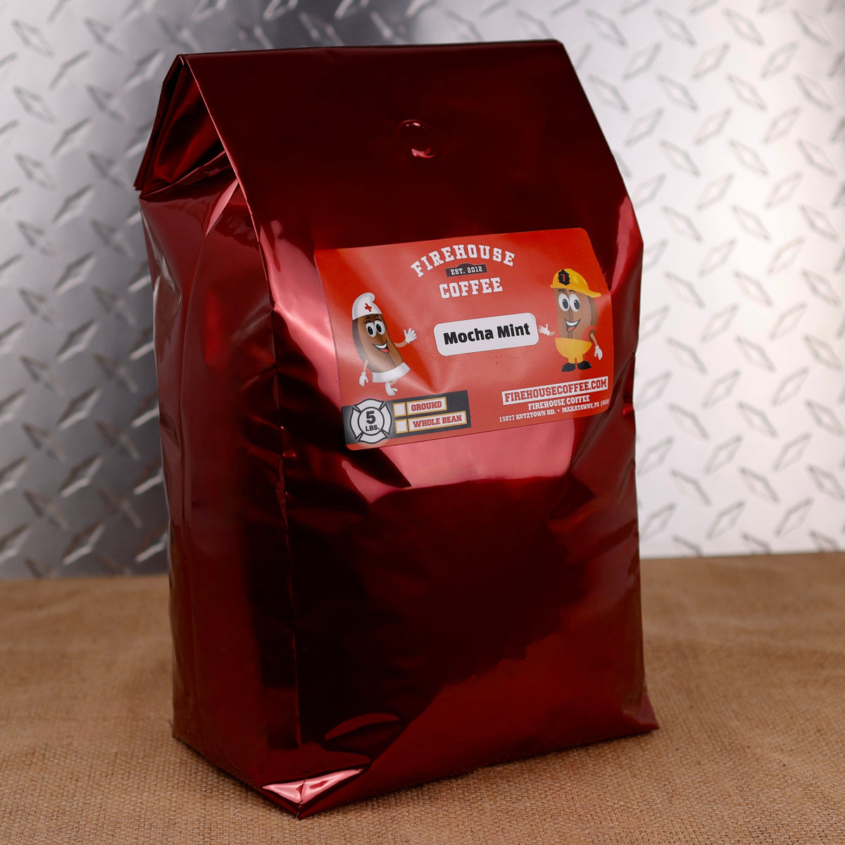 Five-pound bag of Mint Chocolate Chip Flavored Coffee from Firehouse Coffee.