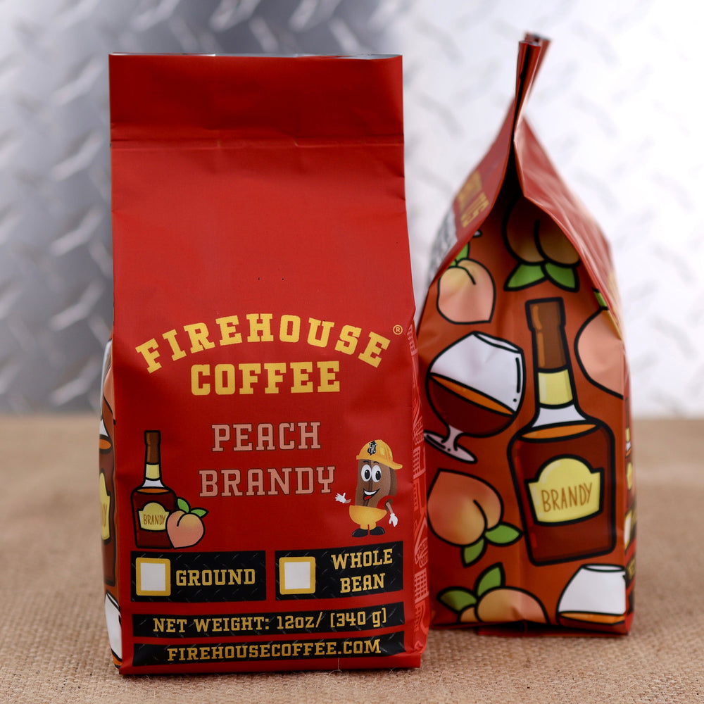 Firehouse Coffee Peach Brandy Flavored Coffee with sweet peach and smooth brandy-inspired flavors, available in ground or whole bean.