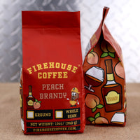 Firehouse Coffee Peach Brandy Flavored Coffee with sweet peach and smooth brandy-inspired flavors, available in ground or whole bean.