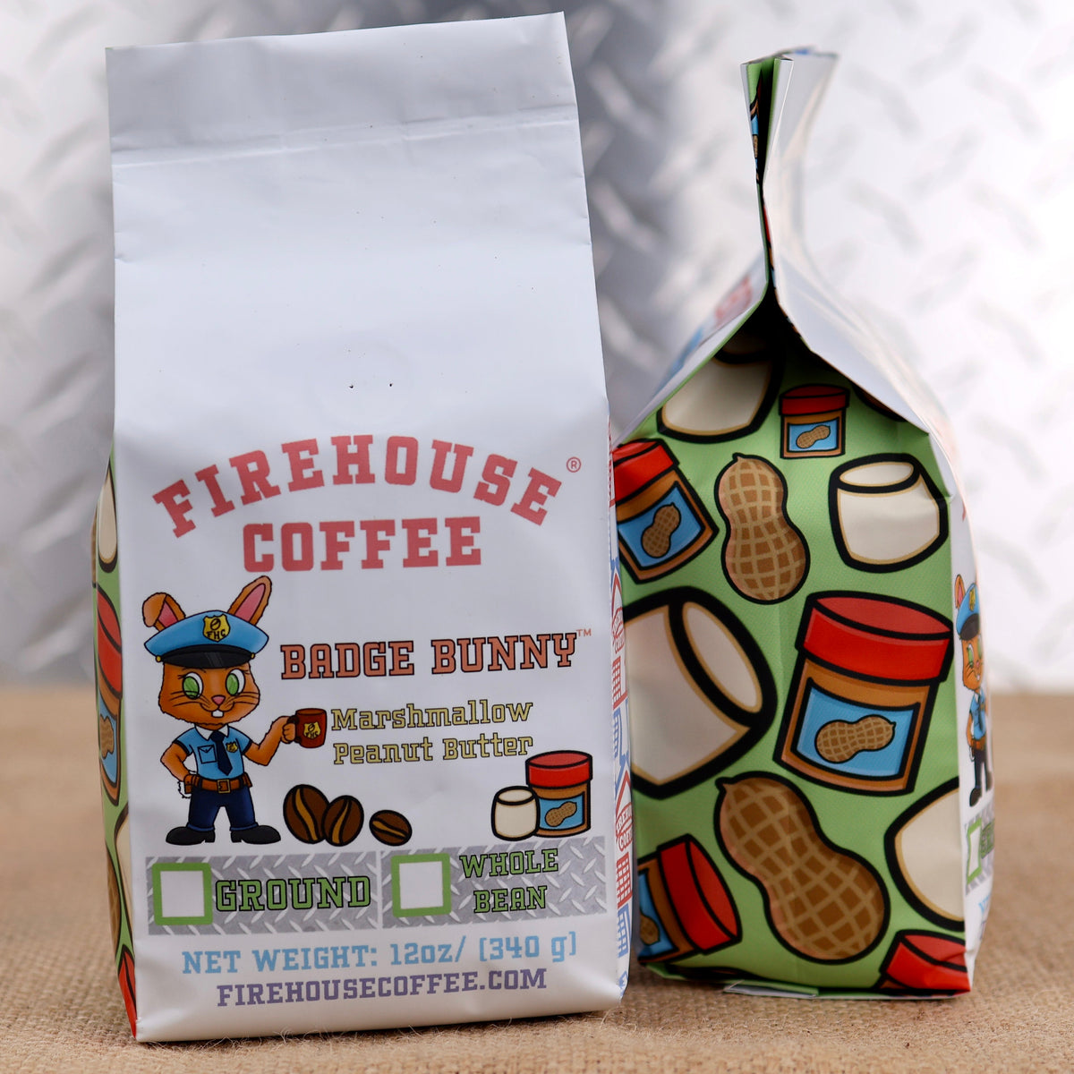 Firehouse Coffee Badge Bunny Marshmallow Peanut Butter flavored coffee with sweet marshmallow and creamy peanut butter flavors, available in ground or whole bean.