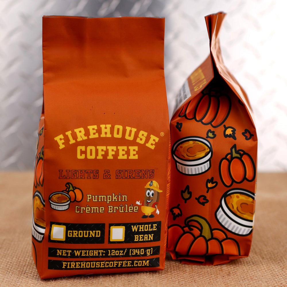 Firehouse Coffee Pumpkin Crème Brûlée Flavored Coffee – premium pumpkin coffee with creamy vanilla custard, caramelized sugar, and warm fall spice flavors, available in whole bean or ground coffee.