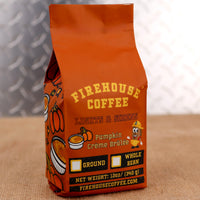 Firehouse Coffee Pumpkin Crème Brûlée Flavored Coffee with creamy custard, caramelized sugar, and pumpkin spice flavors, available in ground or whole bean.