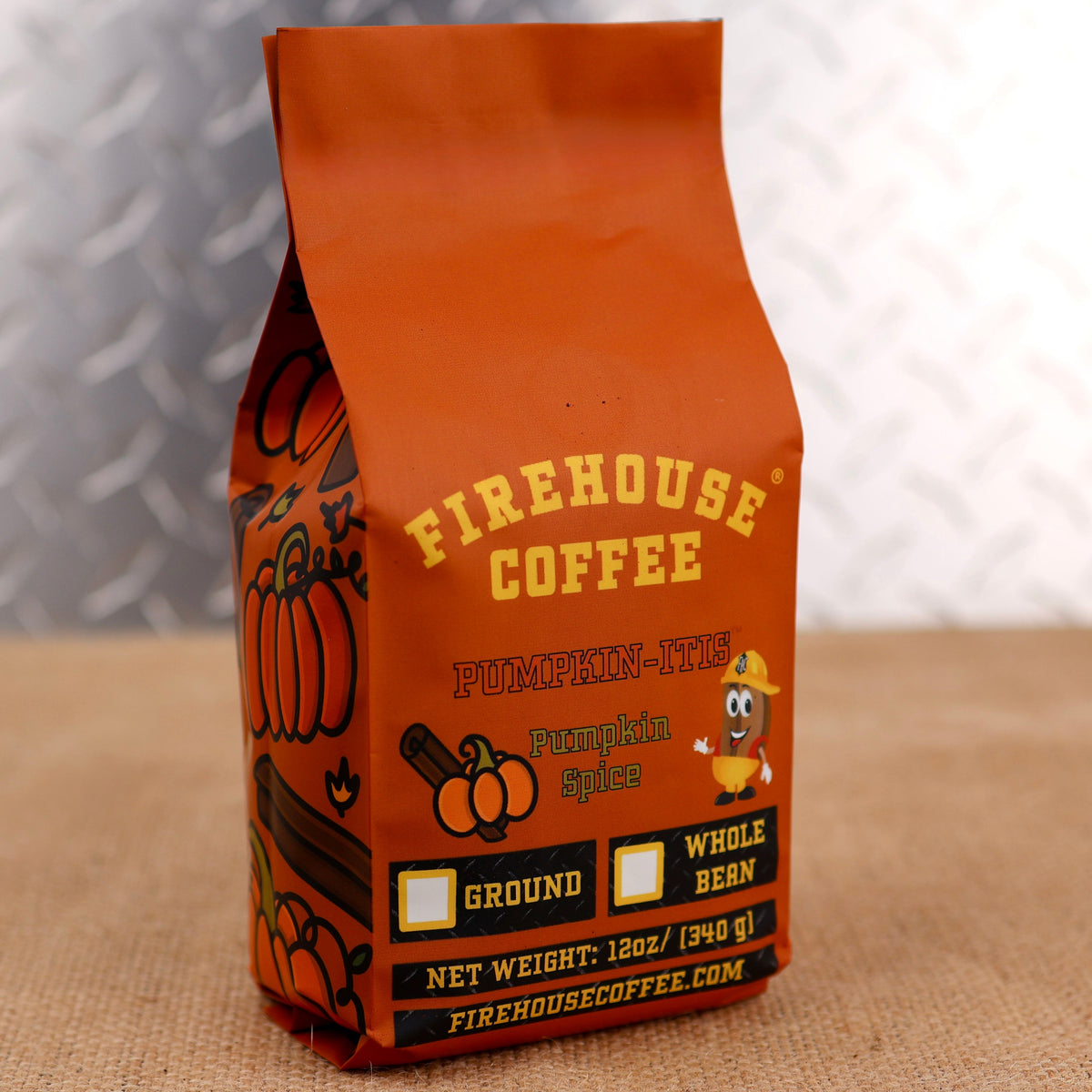 Firehouse Coffee Pumpkin Spice Flavored Coffee – premium pumpkin spice coffee with cinnamon, nutmeg, and seasonal fall flavors, available in whole bean or ground coffee, freshly roasted in a 12 oz bag.