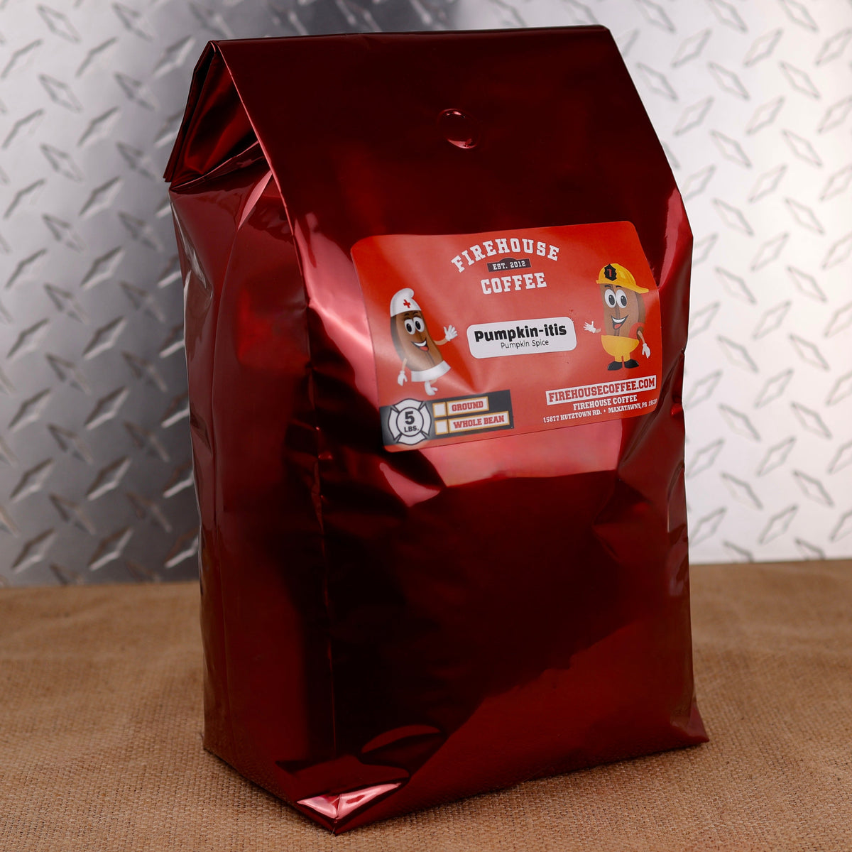 Premium Firehouse Coffee Pumpkin-itis Pumpkin Spice flavored coffee in a 5 lb bag with smooth pumpkin spice flavor and warm fall baking spices, freshly roasted for a rich seasonal coffee experience in whole bean or ground.