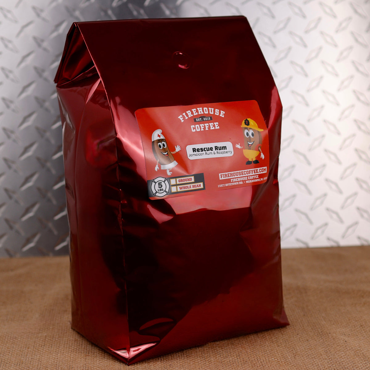 Five-pound bag of Rescue Rum™ Flavored Coffee with dark Jamaican rum and ripe raspberry flavors.