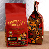 Firehouse Coffee Salted Caramel Flavored Coffee – smooth, sweet salted caramel flavored coffee available in whole bean or ground, freshly roasted and packaged in a 12 oz bag.