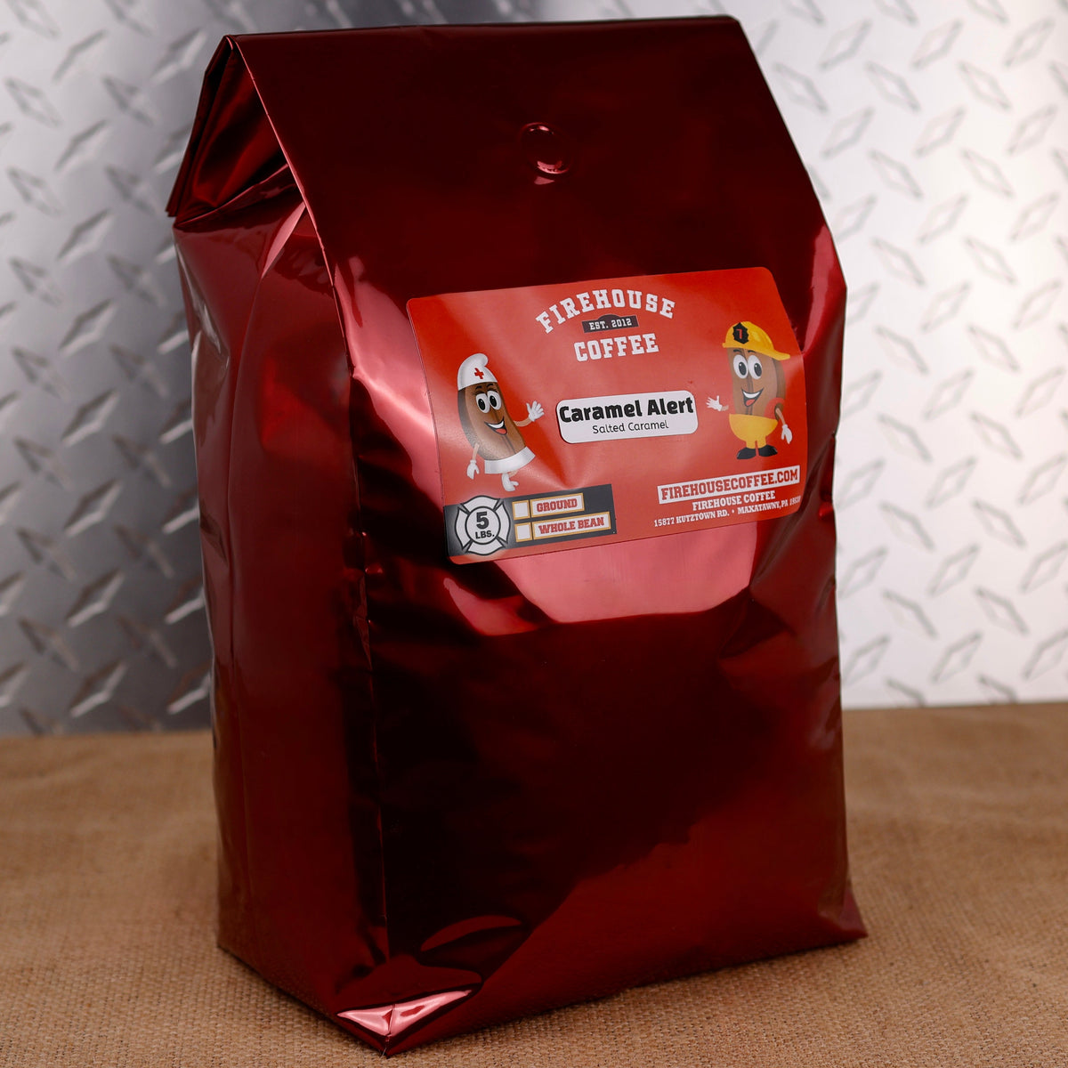 Five-pound bag of Caramel Alert!™ Salted Caramel Flavored Coffee with buttery caramel and lightly salted flavor.
