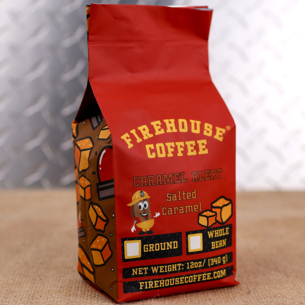 Caramel Alert!™ coffee packaging featuring a vintage red emergency warning light and Salted Caramel Flavored Coffee.