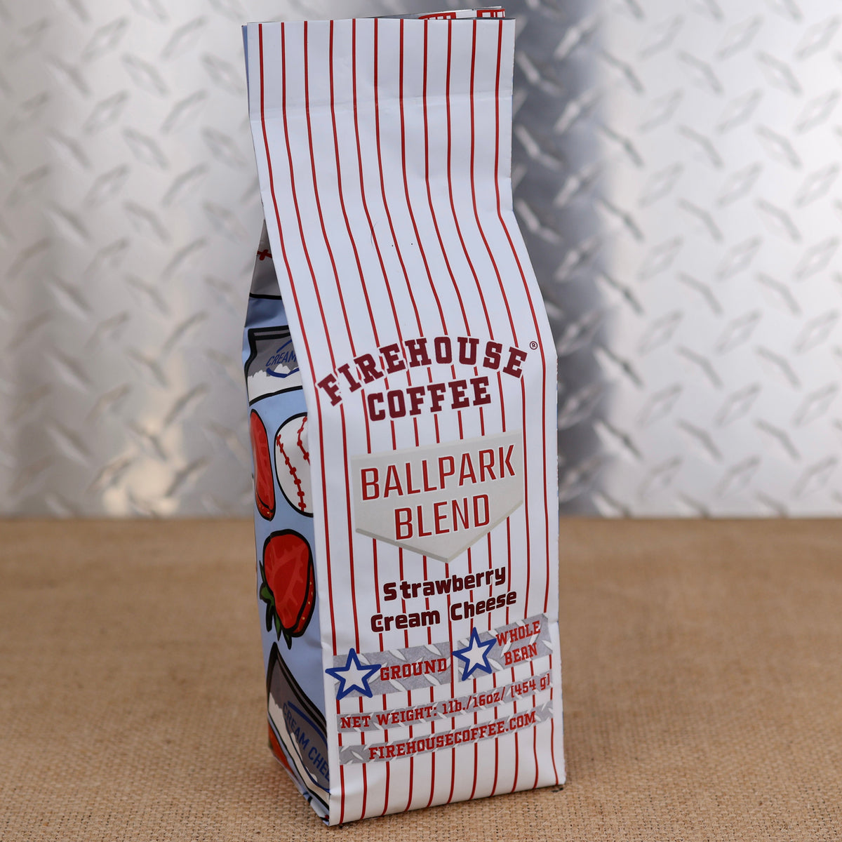 Firehouse Coffee Ballpark Blend Strawberry Cream Cheese Flavored Coffee bag with strawberries, baseballs and cream cheese design