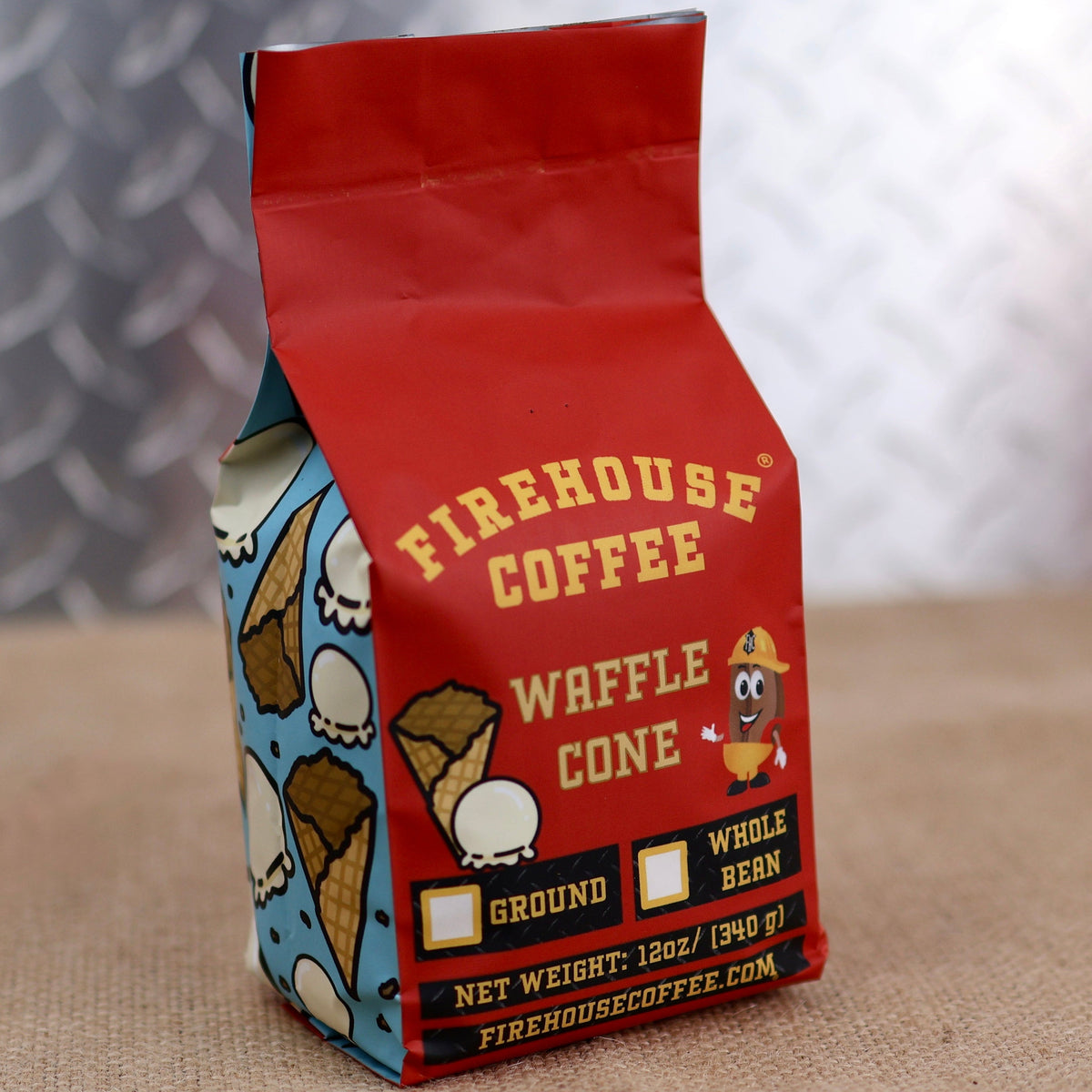 Waffle Cone™ coffee packaging featuring Vanilla Bean and Brown Sugar Flavored Coffee inspired by an old-fashioned ice cream shop.