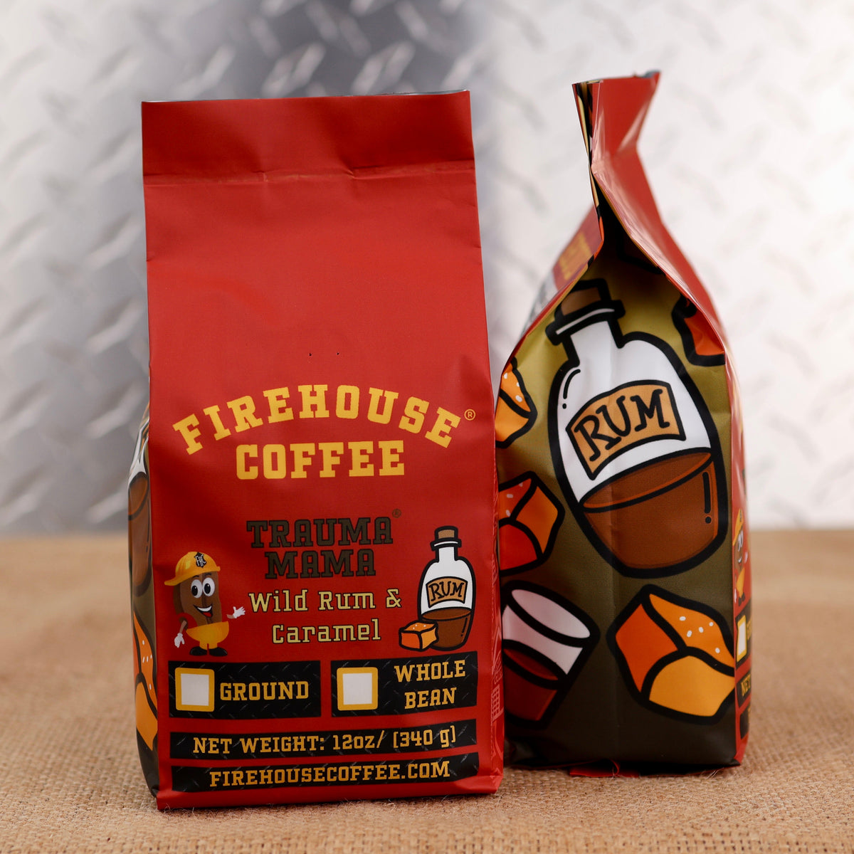 Firehouse Coffee Trauma Mama Wild Rum & Caramel coffee bags displayed in red branded packaging, featuring tropical rum and caramel flavored coffee in whole bean and ground options