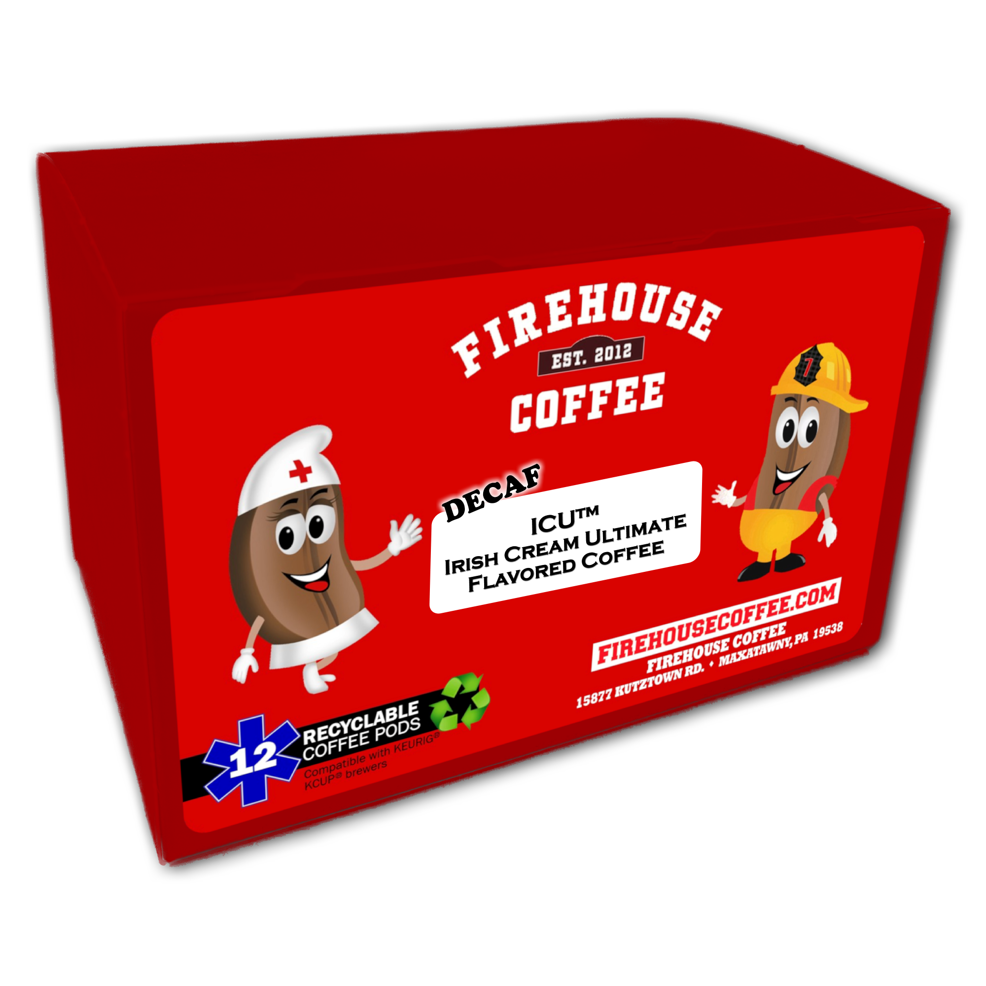 ICU™ Decaf Irish Cream Flavored Coffee K-Cups® by Firehouse Coffee featuring Swiss Water® decaffeinated Arabica coffee with rich Irish cream and sweet vanilla flavors in Keurig® compatible single-serve coffee pods.