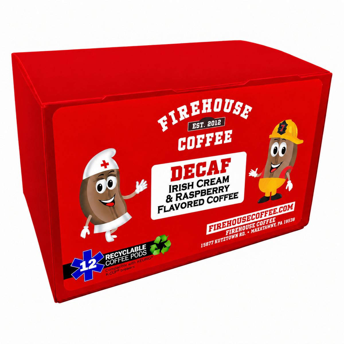 Firehouse Coffee Irish Cream & Raspberry Decaf Flavored Coffee K-Cups, red 12-count box with decaf label