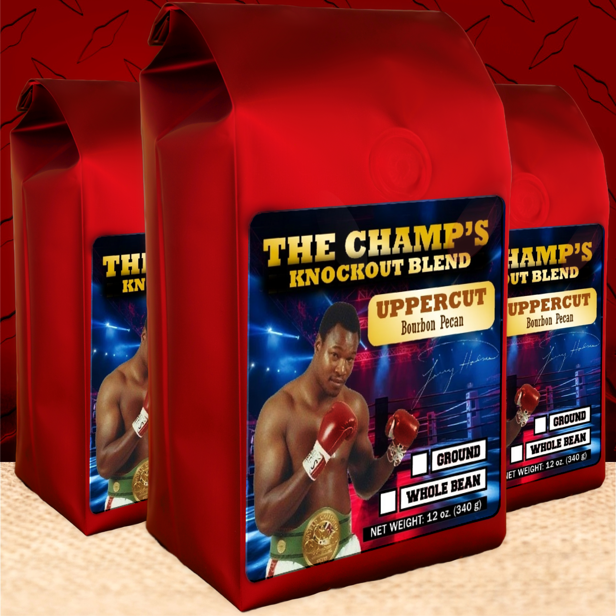 12 oz bags of Bourbon Pecan Coffee called Uppercut inspired by Hall of Fame Heavyweight Boxing Champion Larry Holmes