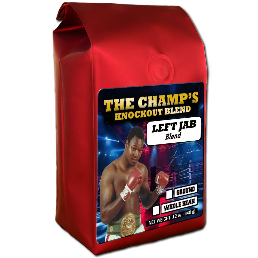 Larry Holmes on bag of Fine Coffee Blend