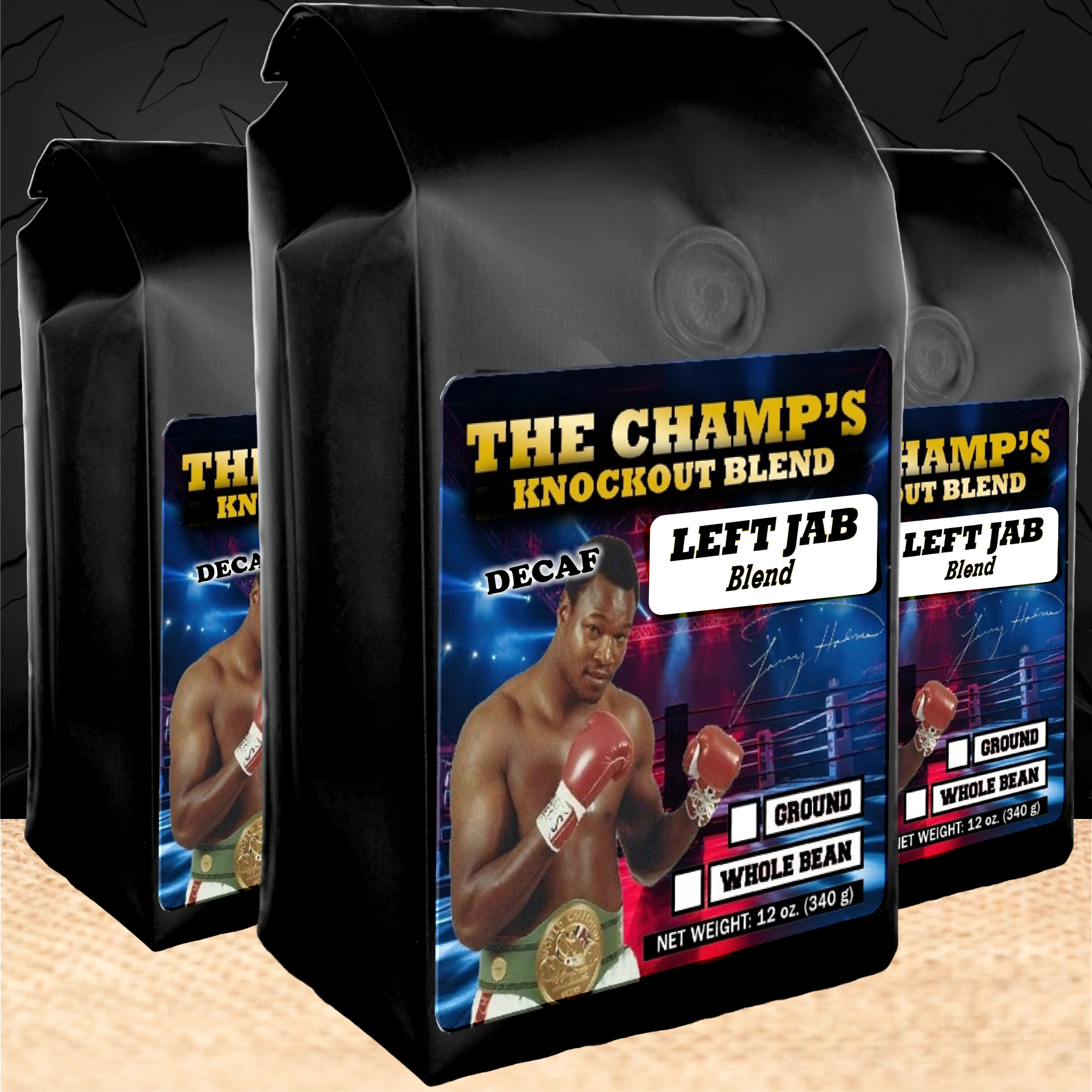 12 oz bags of the Finest Decaf Coffee Blend inspired by Hall of Fame Heavyweight Boxing Champion Larry Holmes