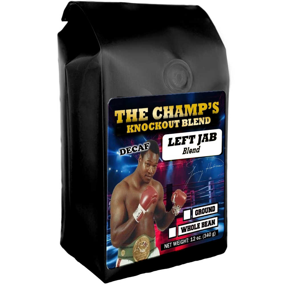 Larry Holmes on bag of Fine Decaf Coffee Blend