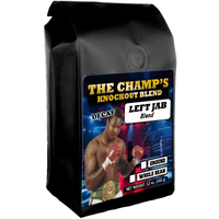 Larry Holmes on bag of Fine Decaf Coffee Blend