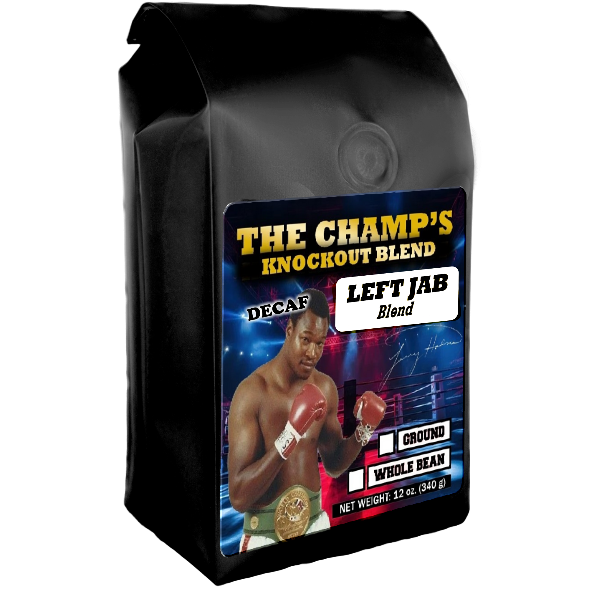 Larry Holmes on bag of Fine Decaf Coffee Blend