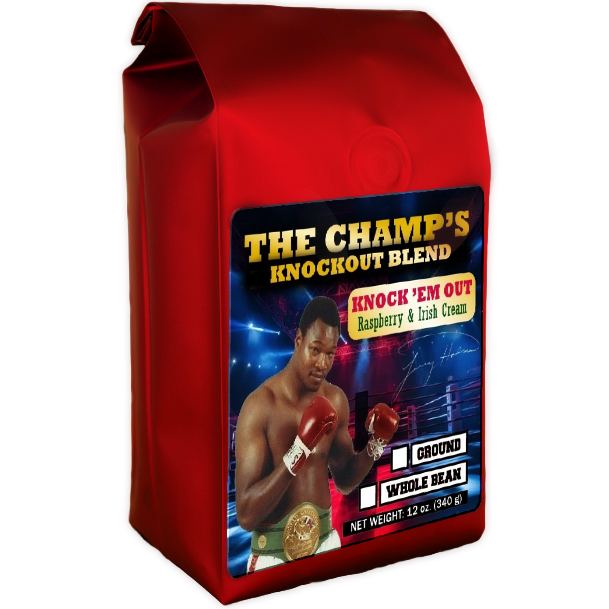 Larry Holmes on Raspberry Irish Cream Flavored Coffee Bag