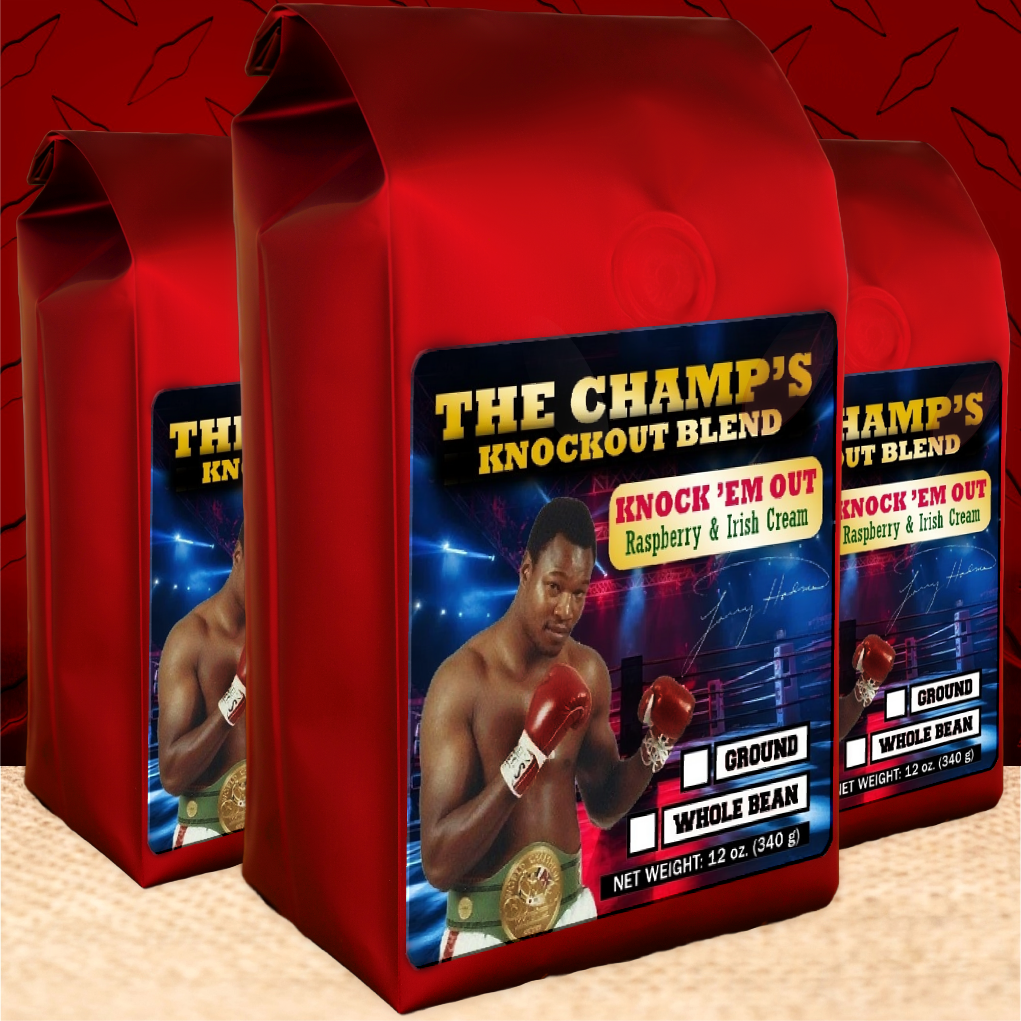 12 oz bags of Raspberry and Irish Cream Flavored Coffee honoring Hall of Fame Heavyweight Boxing Champion Larry Holmes