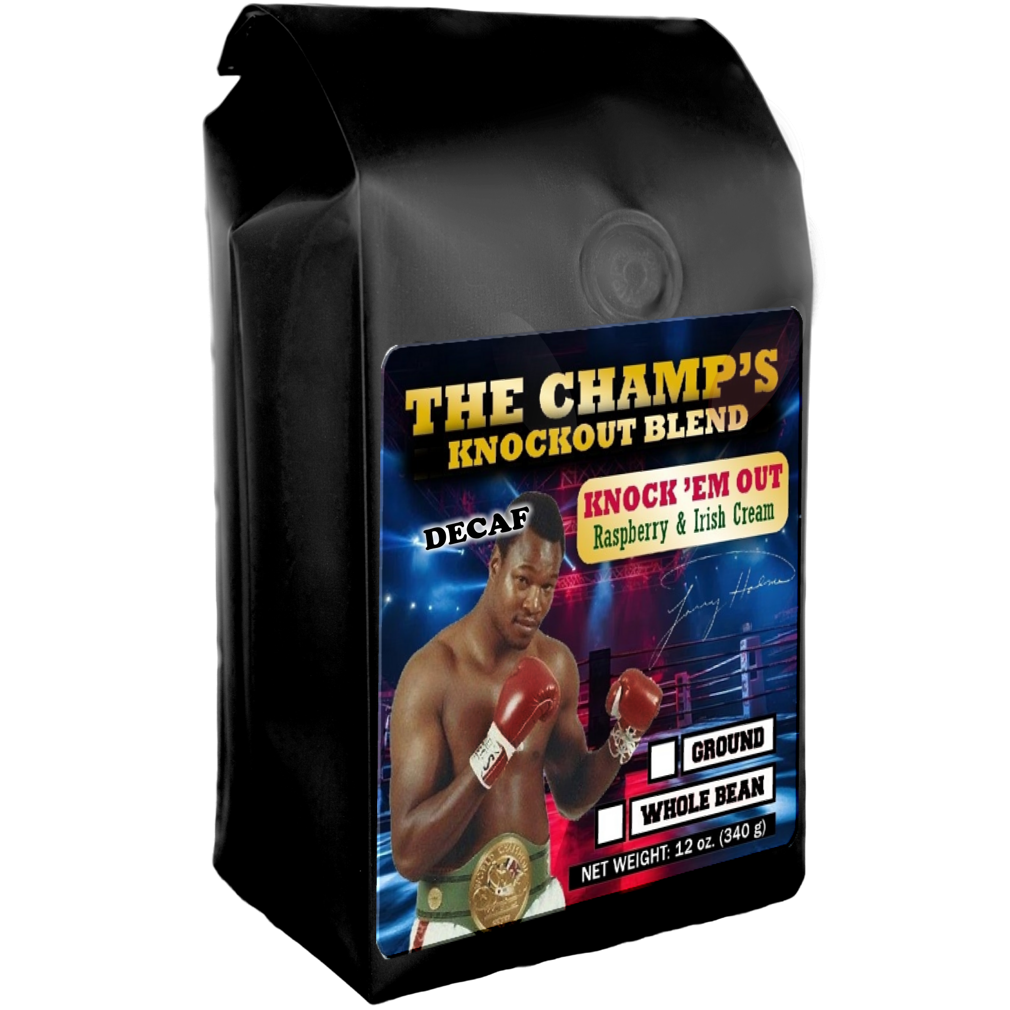 Larry Holmes on Raspberry Irish Cream Decaf Flavored Coffee Bag