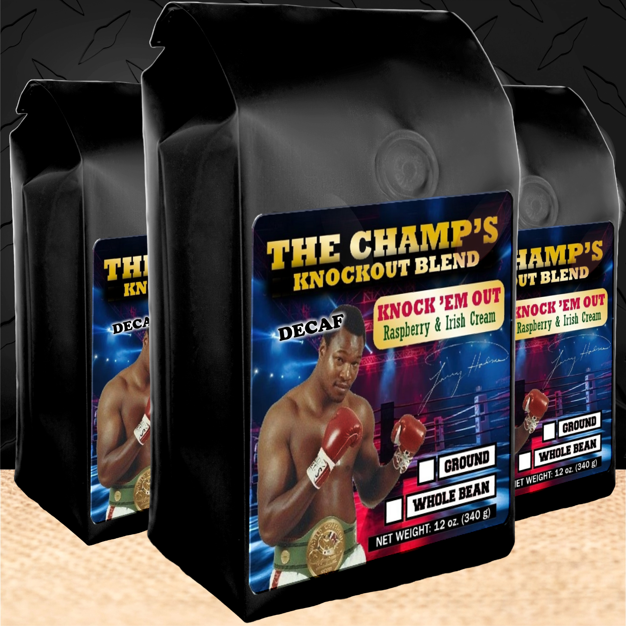 12 oz bags of Raspberry and Irish Cream Decaf Flavored Coffee honoring Hall of Fame Heavyweight Boxing Champion Larry Holmes