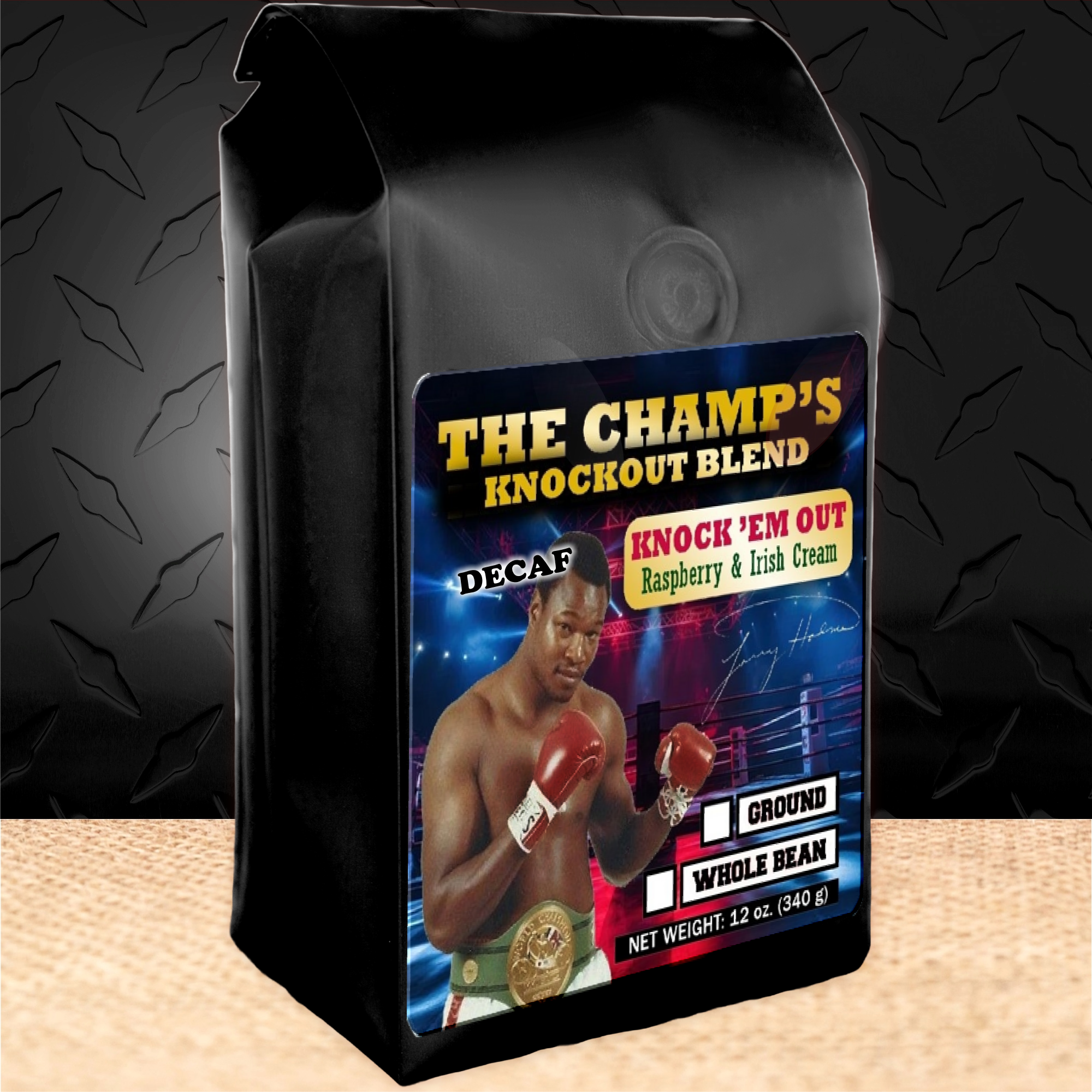 12 oz bag of Raspberry and Irish Cream Decaf Coffee inspired by Larry Holmes