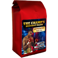 Larry Holmes on a bag of Bourbon Pecan Coffee