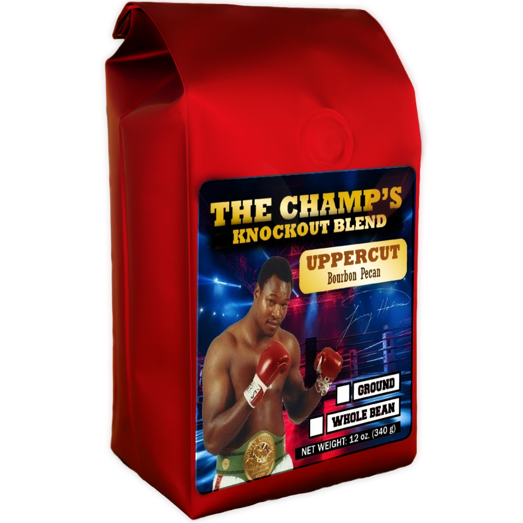 Larry Holmes on a bag of Bourbon Pecan Coffee