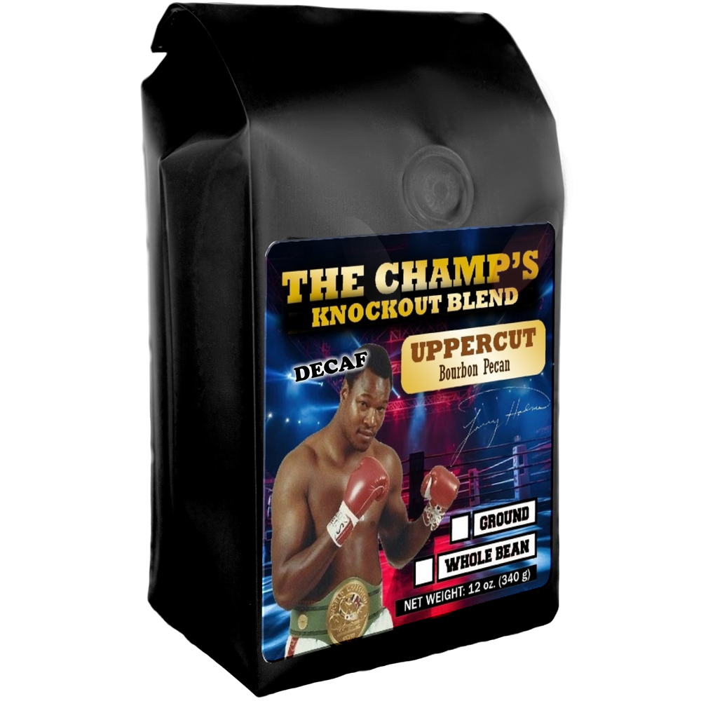 Larry Holmes on a bag of Bourbon Pecan Decaf Coffee