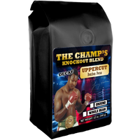 Larry Holmes on a bag of Bourbon Pecan Decaf Coffee