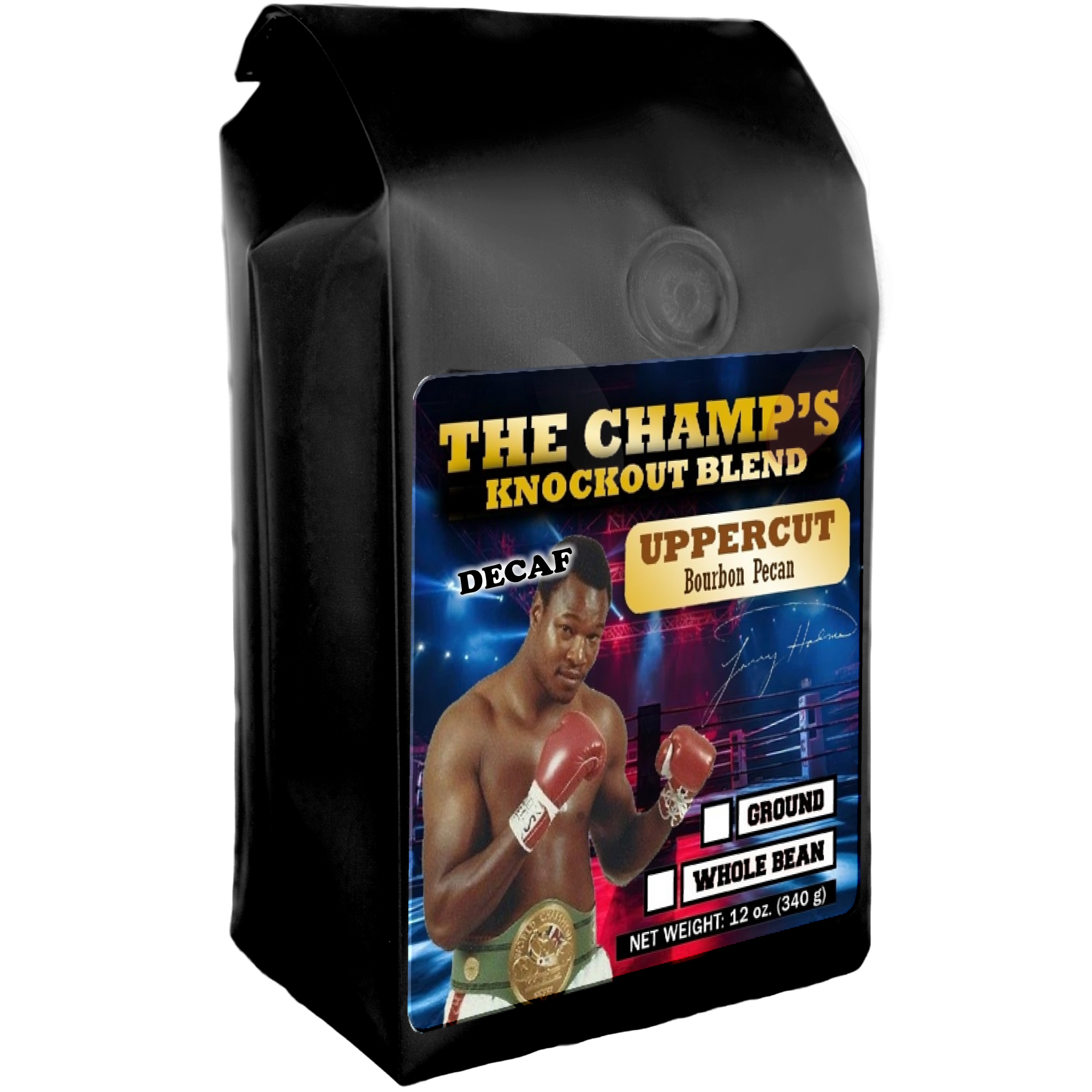 Larry Holmes on a bag of Bourbon Pecan Decaf Coffee