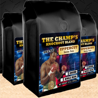 12 oz bags of Bourbon Pecan Decaf Coffee called Uppercut Decaf inspired by Hall of Fame Heavyweight Boxing Champion Larry Holmes