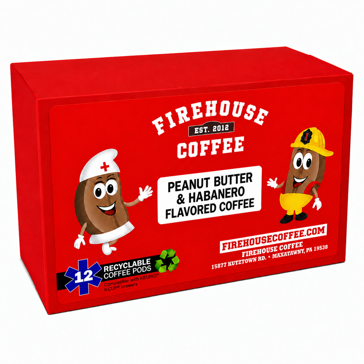 Redneck Coffee peanut butter and habanero flavored coffee K-Cups in a red 12-count Firehouse Coffee box