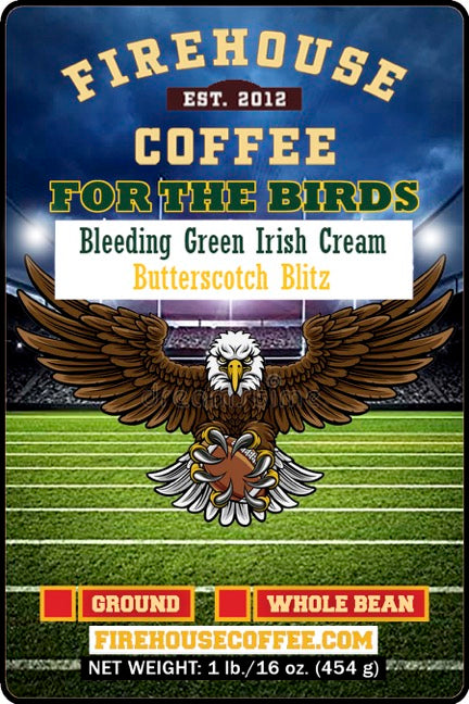For the Birds coffee is a special blend of coffee centered around the Philadelphia Eagles Football Team.  Bleeding Green Irish Cream & Butterscotch Coffee Blend.