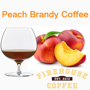 Peach Brandy Flavored Coffee from Firehouse Coffee.  Gourmet roasted flavored coffee available as ground or whole beans.
